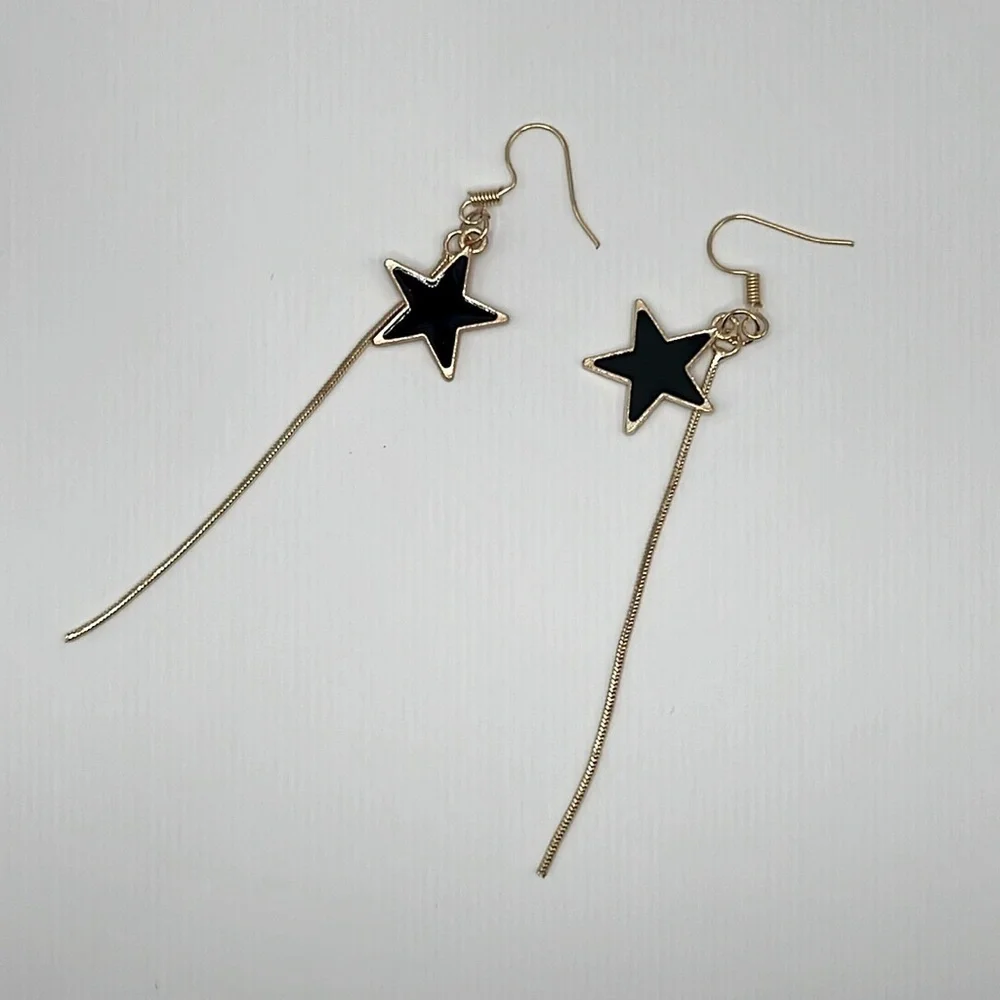 Black Enamel Shooting Star Tassel Earrings